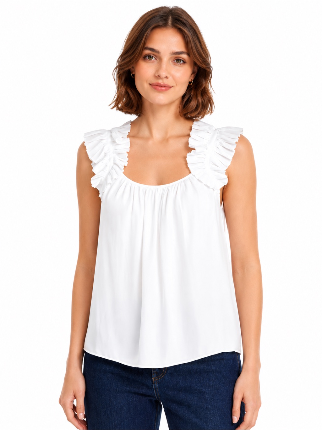 Ramy Brook New! Leah Ruffle Strap Tank Top Small White Scoop Neck Lightweight